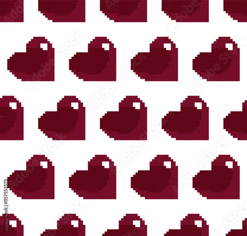 Seamless pattern of pixelated 8-bit red hearts against a white backdrop. Pixelated style infuses a retro, nostalgic vibe reminiscent of classic games. Wallpaper of Valentine Day, fabric applications.