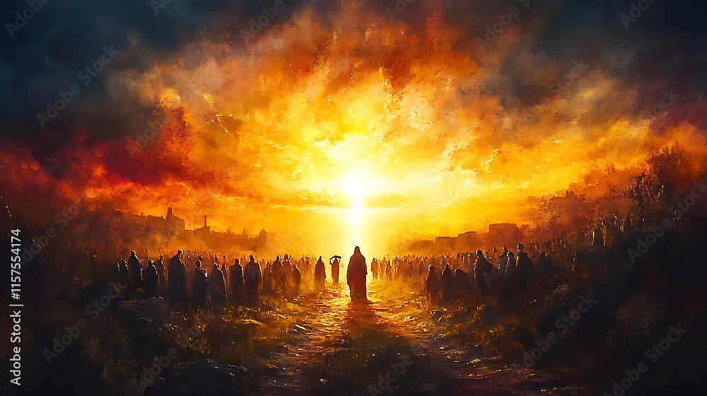 A symbolic shaft of sunlight breaking through a dark clouded sky, casting its glow on Jesus and the blind man, the surrounding countryside bathed in soft golden light, distant crowd in awe, A symbolic shaft of sunlight breaking through a dark clouded sky, casting its glow on Jesus and the blind man, the surrounding countryside bathed in soft golden light, distant crowd in awe,