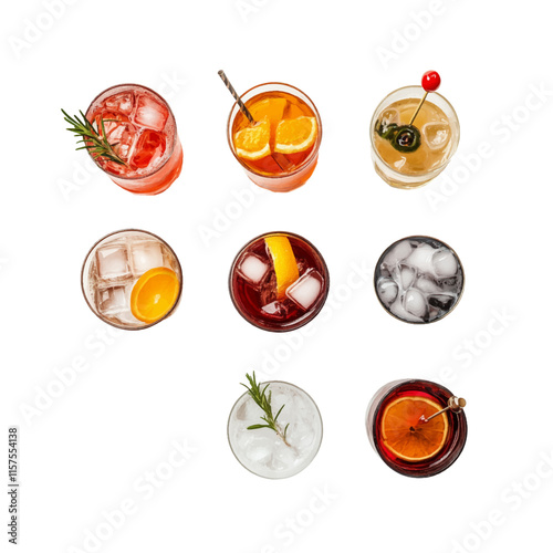 Collection top view of glasses with Summer Soda colorful drinks menu isolated or on white background, mocktail or cocktail for refreshing.	

