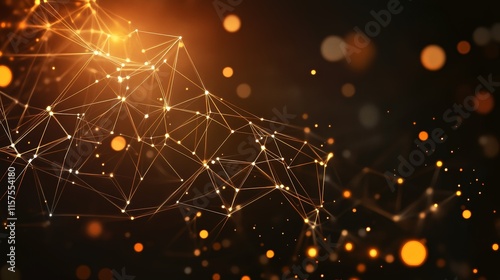 Abstract plexus network background. Golden glowing lines and particles on dark backdrop.