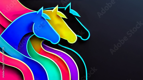 A minimalist and vibrant depiction of three horse heads outlined in neon-like colours, set against a black background with flowing multicoloured lines symbolizing movement and energy. photo