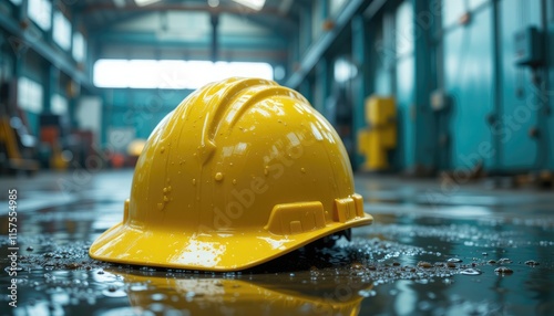 Yellow Hard Hat on Wet Factory Floor photo