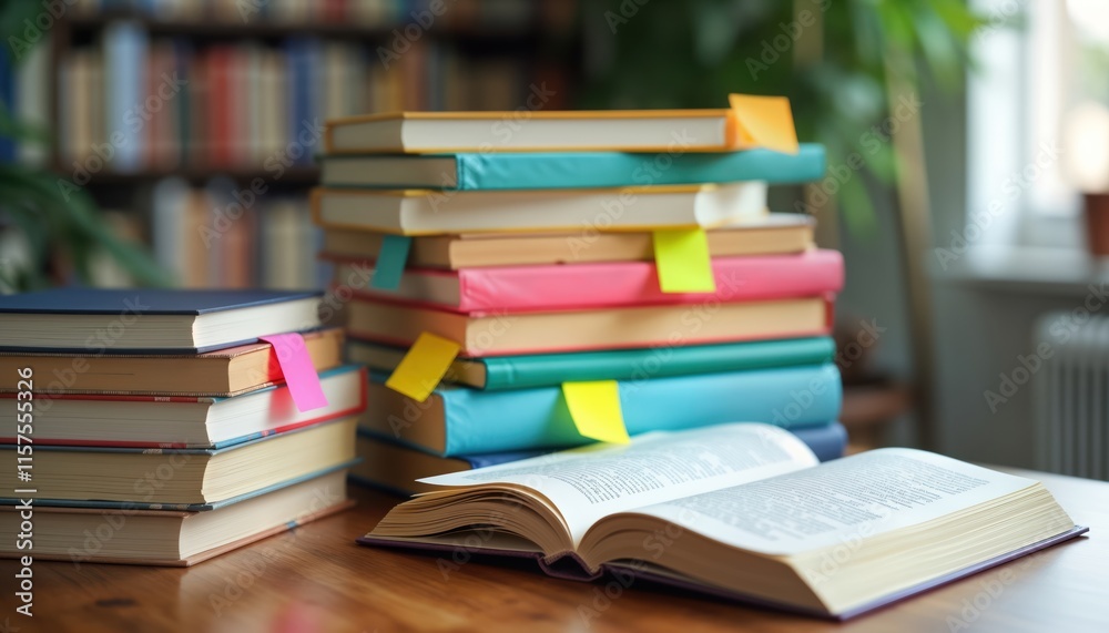 Stacked books with colorful sticky notes on table. Open book on table amongst stacks of books. Scene evokes intense study academic work. Great visual for students researchers anyone involved in Stacked books with colorful sticky notes on table. Open book on table amongst stacks of books. Scene evokes intense study academic work. Great visual for students researchers anyone involved in