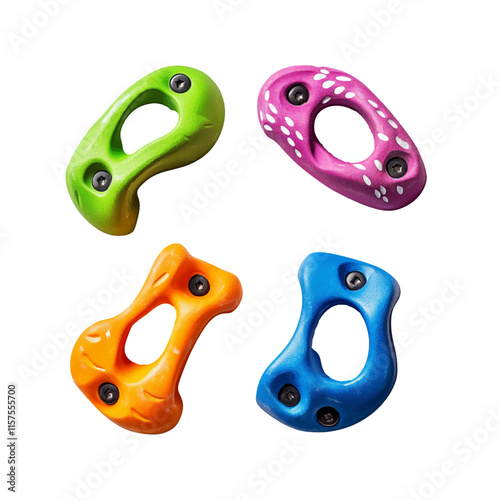 Set of grips different colors and shapes for climbing wall isolated on white background. set collection of various artificial climbing holds. bouldering extreme sport	
