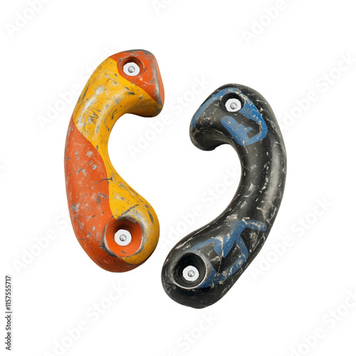 Set of grips different colors and shapes for climbing wall isolated on white background. set collection of various artificial climbing holds. bouldering extreme sport	
