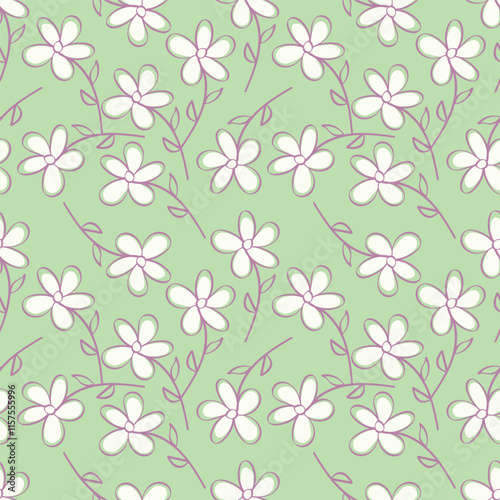 Hand drawing floral seamless pattern with cotton twigs and berries bouquets on a beige background. Winter Christmas themed background. Botanical illustration.