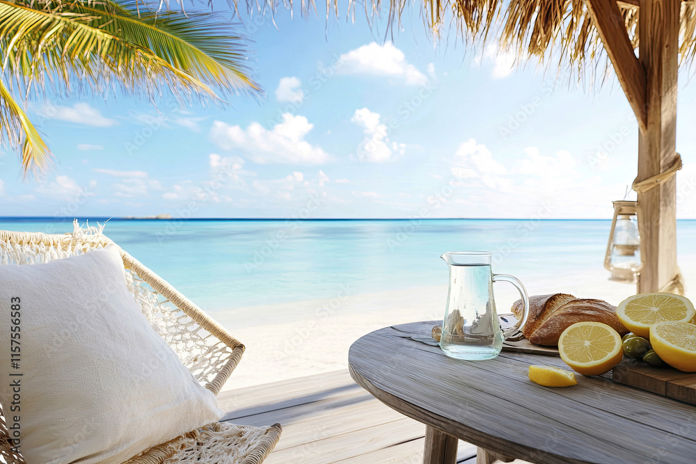 Terrasse mit Meerblick und kulinarischen Leckereien angerichtet auf einem Tisch – Sommer-Urlaub am Meer