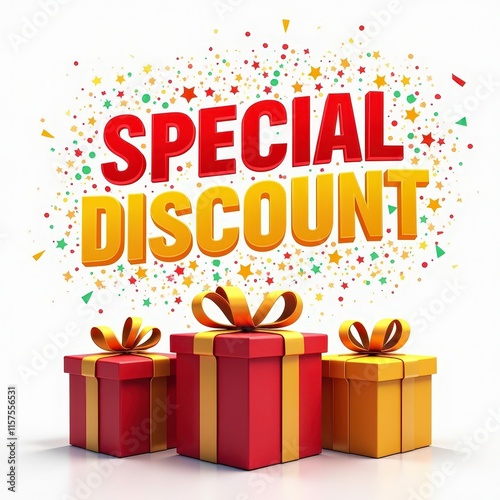 Vibrant Special Discount Banner - Bold Red and Yellow Text with Colorful Gift Boxes and Confetti for Advertisement photo