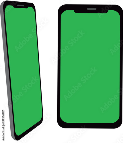 Mobile phone in rotated position and front green screen isolated white background. Illustration, vector