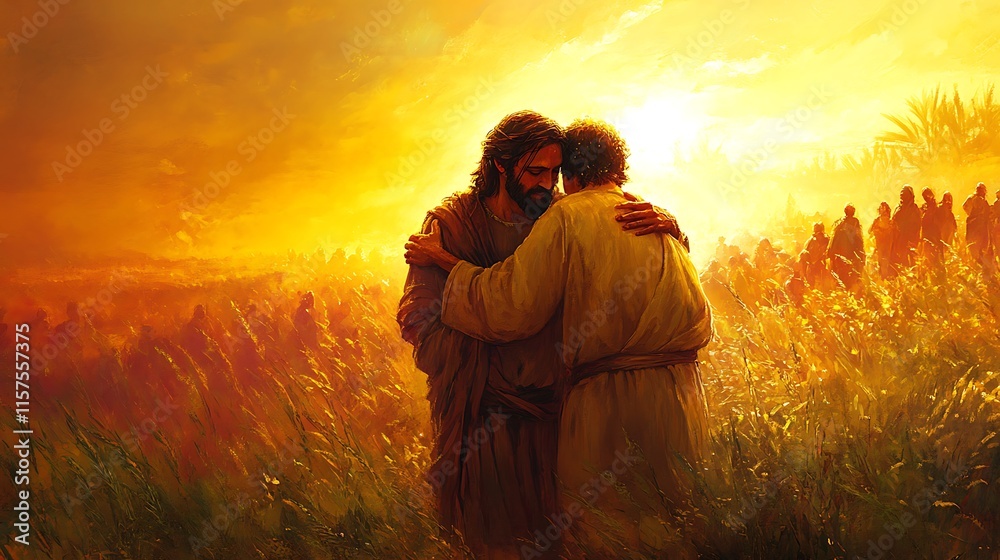 Obraz premium Jesus embracing the blind man as he weeps tears of joy, a glowing golden aura surrounding them, soft-focus crowd in the background,