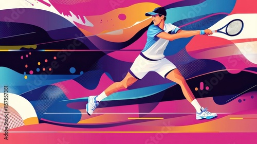 Dynamic Abstract Representation of a Male Tennis Player in Action Captured in Colorful and Energetic Style, Perfect for Sports and Fitness Themes photo