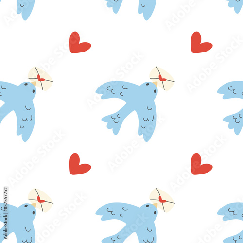 Seamless pattern with flying birds holding a love message in their beak. Cute romantic print for celebrating Valentine's Day.