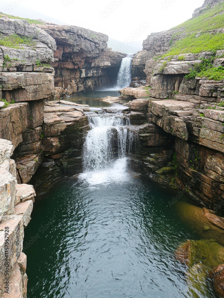 Naklejka premium A serene waterfall flows between rugged rock formations, surrounded by lush greenery, Ideal for nature-themed projects, travel brochures, or relaxation materials,