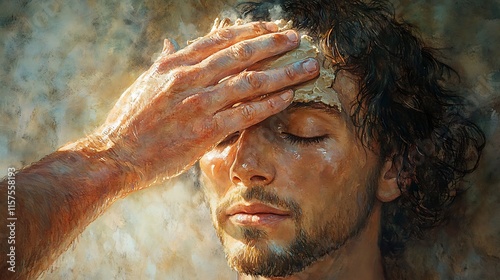 Jesus’ hands depicted in vivid detail, anointing the blind man’s eyes with clay, glowing warmth radiating around them, clay texture highlighted against the man’s skin, photo