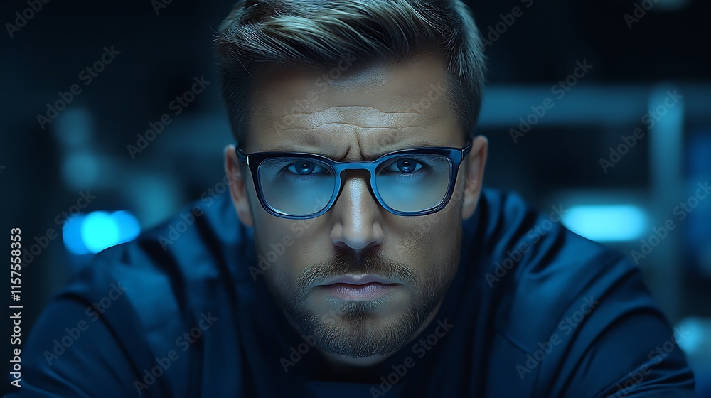 A serious man wearing glasses stares intensely A serious man wearing glasses stares intensely