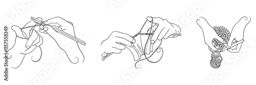 Three different steps of knitting wool with knitting needles and thread, creating clothes or accessories