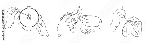 Tailor or seamstress hands embroidering, cutting thread and sewing fabric with needle and thread, in a vector illustration