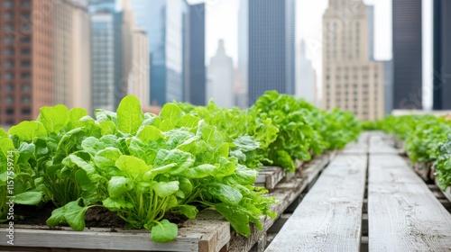 Lush green vegetables thrive in a rooftop garden amidst urban skyscrapers, showcasing sustainable urban agriculture, Ideal for themes of eco-friendliness, city living, and healthy lifestyles, photo