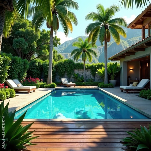 Wallpaper Mural Crystal clear blue pool water surrounded by tall trees and vibrant flowers with a wooden deck leading to a tranquil poolside area, outdoor pool, poolside Torontodigital.ca