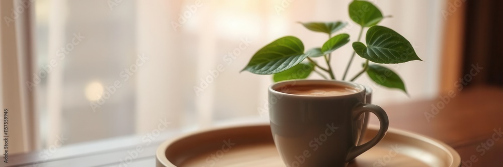 Cozy Morning Coffee Scene with Fresh Green Plant in Natural Light on Wooden Tray Near Window, Ideal for Relaxation and Inspiration, Perfect for Lifestyle Imagery and More Cozy Morning Coffee Scene with Fresh Green Plant in Natural Light on Wooden Tray Near Window, Ideal for Relaxation and Inspiration, Perfect for Lifestyle Imagery and More