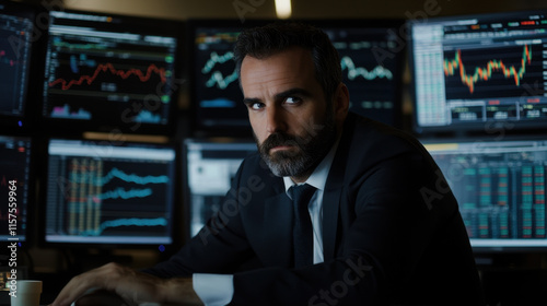 Wallpaper Mural A focused financial analyst sits at a desk surrounded by multiple screens displaying stock market data and graphs, highlighting his intense work environment at night. Torontodigital.ca