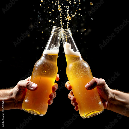 two beer bottles clinking mid-air, each held by a hand, with golden beer droplets splashing out from the bottle openings and scattered across the transparent bottle surfaces.