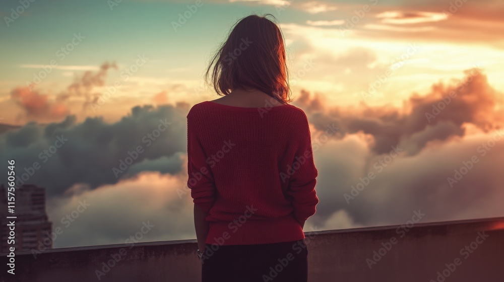 Fototapeta premium Solitude Above the Clouds: A Woman Contemplates the Sunset