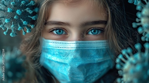 A young girl surrounded by viruses while wearing a medical protective face mask