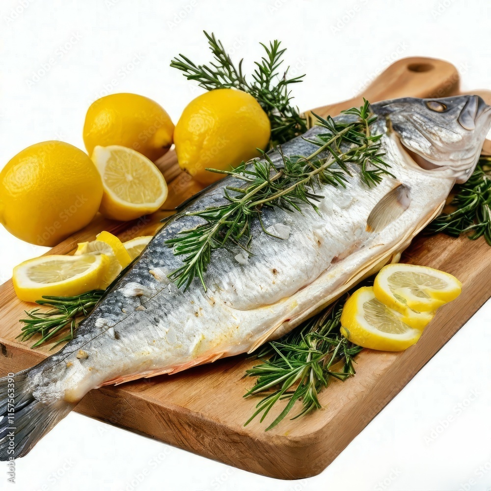 Barramundi served on a wooden board Barramundi served on a wooden board