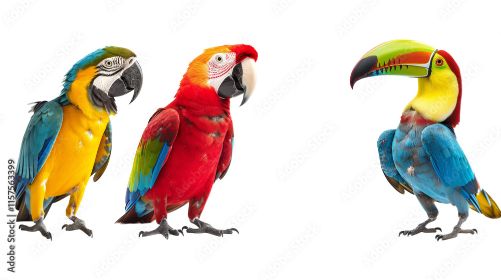 Obraz premium Three exotic tropical birds—two parrots and a toucan—displaying vibrant plumage, isolated on a transparent background for design use.