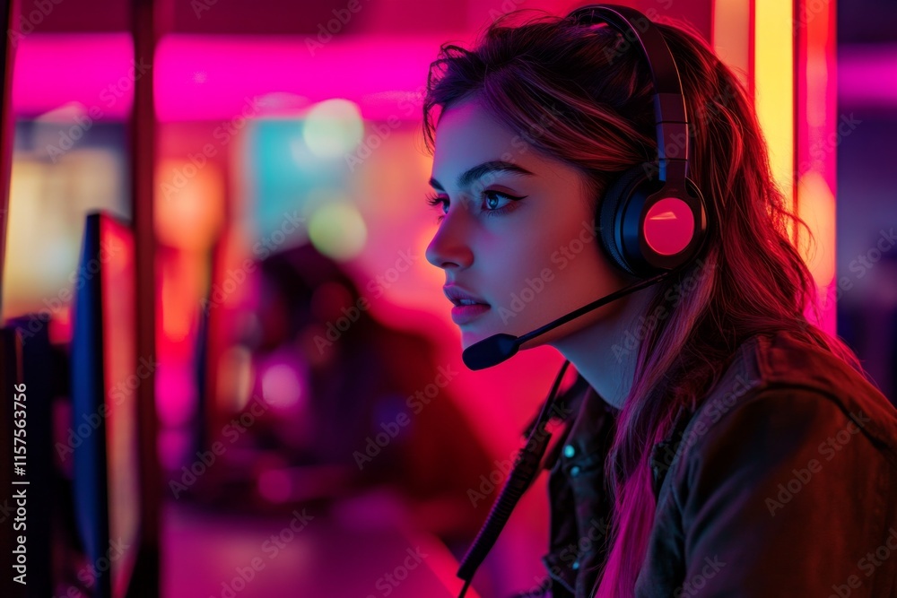 A focused gamer engaged in a thrilling online competition. The vibrant neon colors set an exciting atmosphere. Passion for gaming is palpable. Generative AI A focused gamer engaged in a thrilling online competition. The vibrant neon colors set an exciting atmosphere. Passion for gaming is palpable. Generative AI