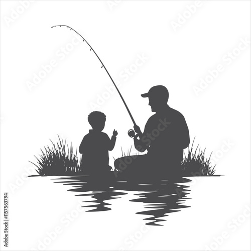 Black silhouettes of fishing with his dad son, vector silhouette.