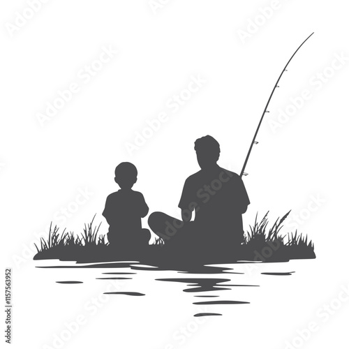 black and white A dad fishing with his son, vector silhouette, parent and son fishing