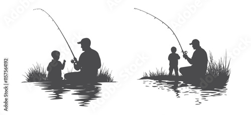 set of fishing with his dad and son, vector silhouette.