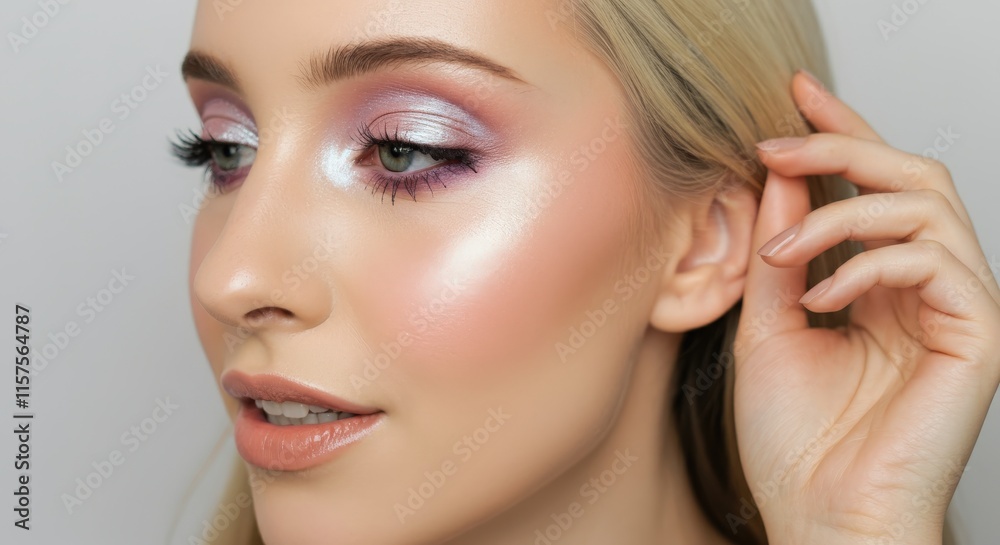 Elegant makeup artistry highlighting radiant skin and subtle pastel glamour Elegant makeup artistry highlighting radiant skin and subtle pastel glamour