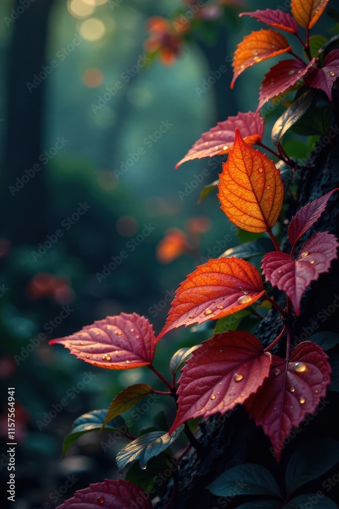 Obraz premium Glowing foliage, glistening droplets, intricate patterns , light, detail, wallpaper