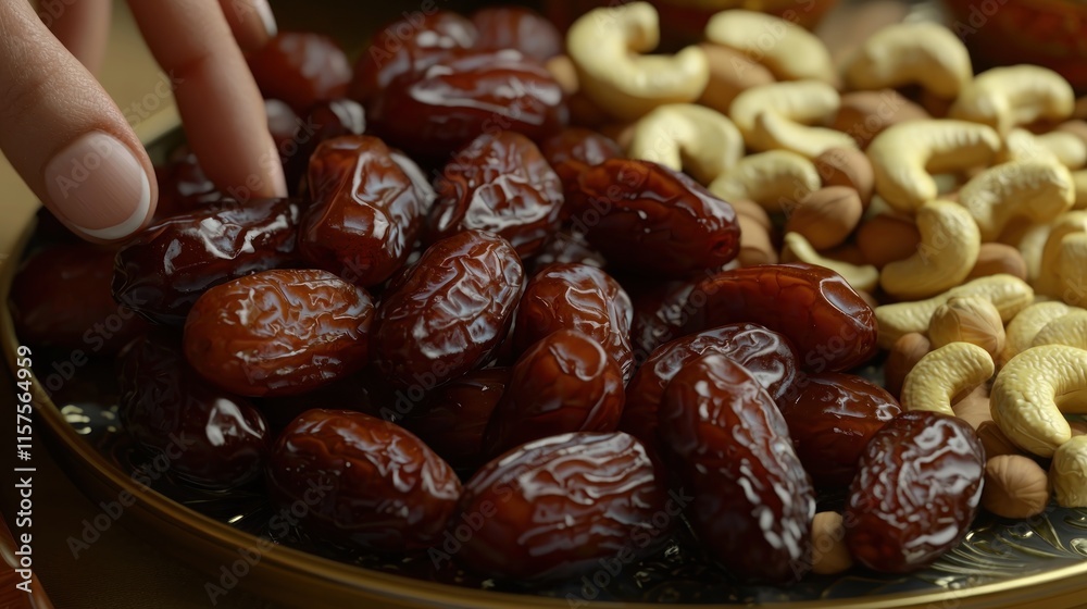 A close-up of dates and nuts on a decorative platter. A close-up of dates and nuts on a decorative platter.