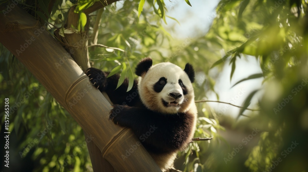 Obraz premium Panda Clinging to a Tree Trunk