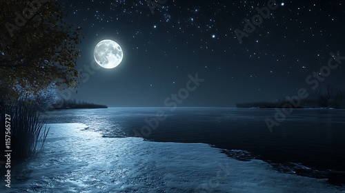 The full moon casts a silvery path across the dark water, illuminating the night sky with a celestial glow photo