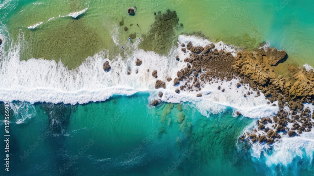 Aerial View of Coastal Surfing Spot with Crashing Waves Aerial View of Coastal Surfing Spot with Crashing Waves