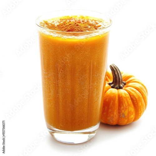 Refreshing pumpkin smoothie in a glass, garnished with spices, beside a small pumpkin.