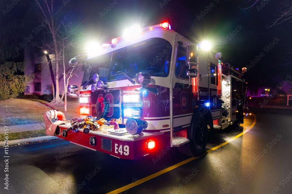 Close up emergency fire truck illuminated at night
