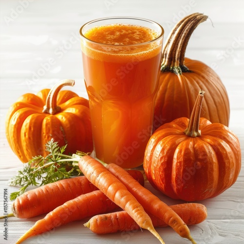 Glass of fresh pumpkin and carrot juice, surrounded by mini pumpkins and carrots. photo