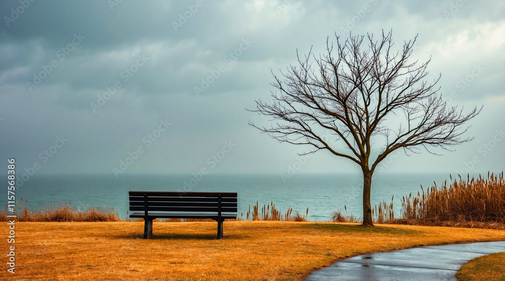 Coastal solitude wooden bench and tree on golden grass with peaceful water and gray sky horizon Coastal solitude wooden bench and tree on golden grass with peaceful water and gray sky horizon