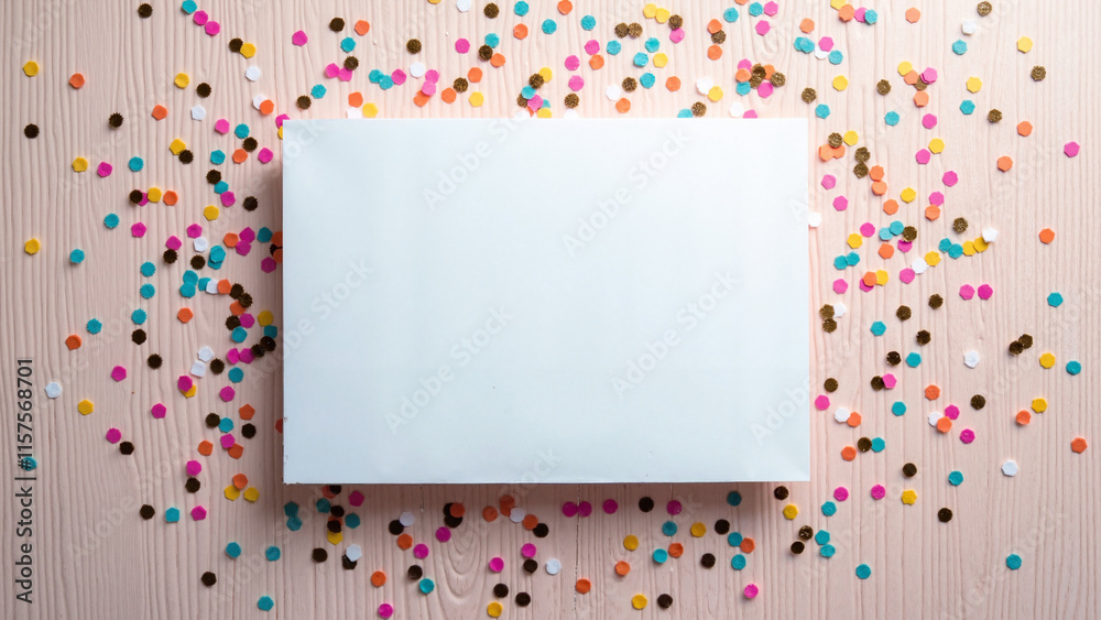 Blank White Card on Wooden Background with Colorful Confetti: Perfect for Invitations, Greetings, and Festive Designs Blank White Card on Wooden Background with Colorful Confetti: Perfect for Invitations, Greetings, and Festive Designs