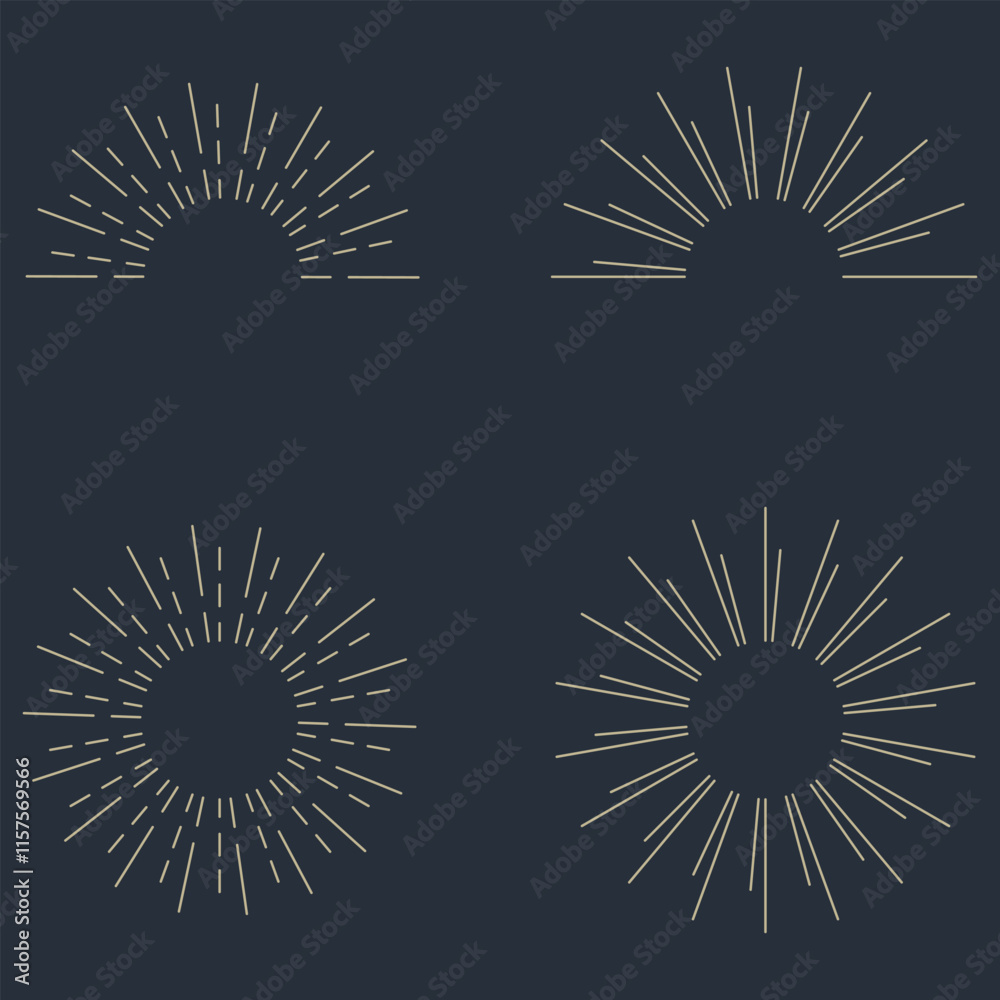Fototapeta premium Vintage sunburst set. Bursting rays sunrise firework starburst blast, Radiant Spark. Rays. Geometric Design Elements. Retro radiant sunburst, starburst hand drawn label, sun rays. Vector