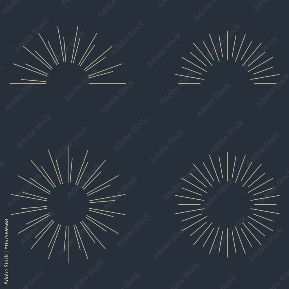 Fototapeta premium Vintage sunburst set. Bursting rays sunrise firework starburst blast, Radiant Spark. Rays. Geometric Design Elements. Retro radiant sunburst, starburst hand drawn label, sun rays. Vector