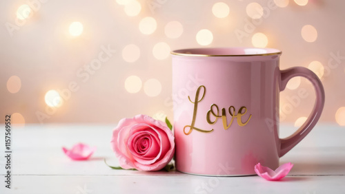 A cup of coffee with the inscription love and a pink rose on a white wooden table and bokeh lights background