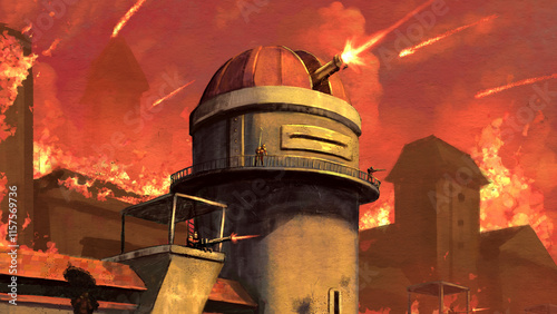 A watchtower with a cannon in a steampunk setting shoots against the backdrop of a burning fort. 2d illustration. 16:9 photo