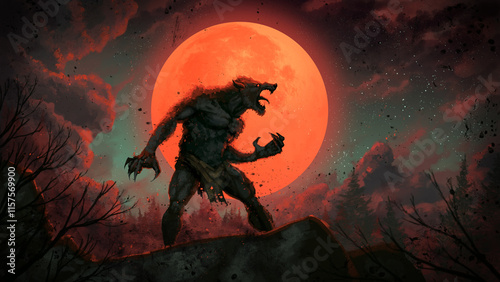 Fotografie A furious fantasy werewolf roars up against the background of the red moon, clouds and green sky, standing on a rock